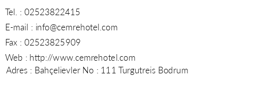 Cemre Hotel telefon numaralar, faks, e-mail, posta adresi ve iletiim bilgileri